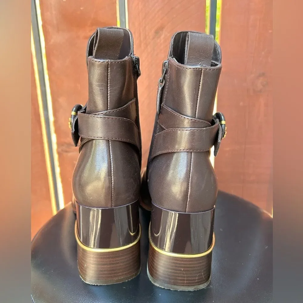 Tory Burch Women Multi Logo Buckle Brown Leather Ankle Boot size 9